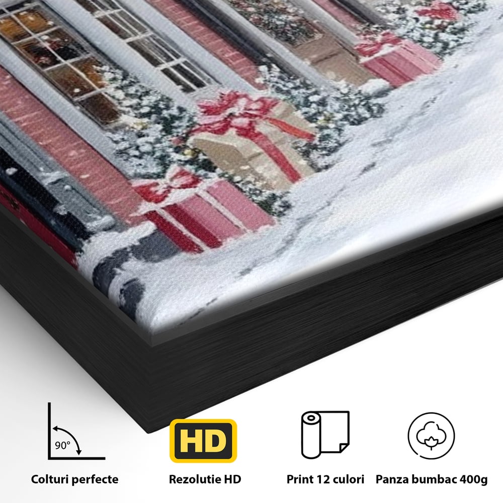 Detaliu al suprafetei: tablou canvas cu strada urbana de iarna, in rama de aluminiu negru